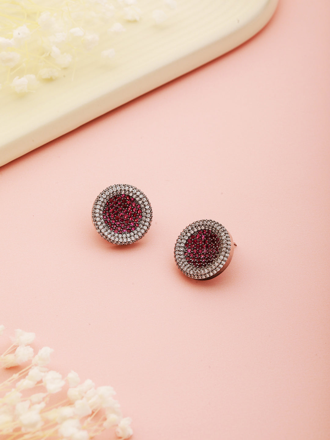 Silver Toned Pink AD Studded Minimal Designer Studds EarringsEarring